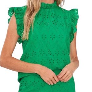 CeCe Green Cotton Eyelet Flutter Sleeve Blouse S